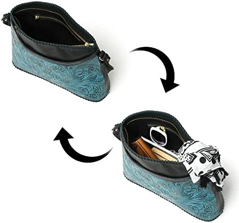 ADYAN Leather Shoulder Bag For Women Handmade Western Handbag Top Handle Floral Pattern Concealed Carry Shoulder Hobo Purses and Handbags (Black & Turquoise)