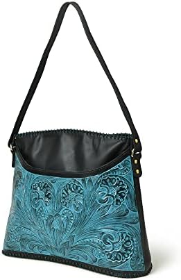 ADYAN Leather Shoulder Bag For Women Handmade Western Handbag Top Handle Floral Pattern Concealed Carry Shoulder Hobo Purses and Handbags (Black & Turquoise)