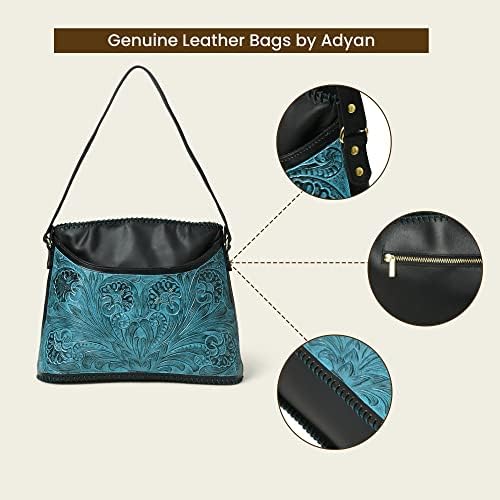 ADYAN Leather Shoulder Bag For Women Handmade Western Handbag Top Handle Floral Pattern Concealed Carry Shoulder Hobo Purses and Handbags (Black & Turquoise)