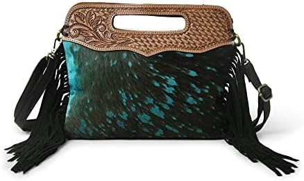 Genuine Leather Fringe Crossbody Bag - Handcrafted Western Tooled Leather Purse with Handle and Turquoise Design for Women