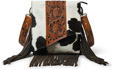 ADYAN Women's Western Handcrafted Hair On Genuine Leather Cross Body Sling Bag Purses for Women | Floral Hand Tooled With Suede Fringes and Adjustable and Detachable Leather Shoulder Strap