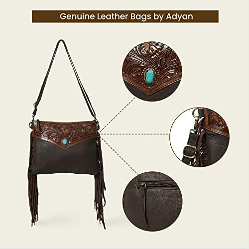 ADYAN Western Handcrafted Genuine Leather Fringe Purse Western Crossbody Bag for Women - Floral Pattern Leather Cross Body Western Bag for Women