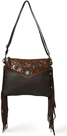 ADYAN Western Handcrafted Genuine Leather Fringe Purse Western Crossbody Bag for Women - Floral Pattern Leather Cross Body Western Bag for Women