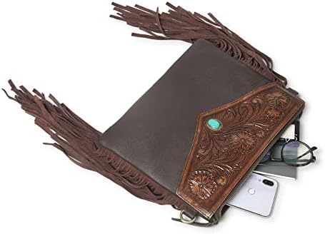 ADYAN Western Handcrafted Genuine Leather Fringe Purse Western Crossbody Bag for Women - Floral Pattern Leather Cross Body Western Bag for Women