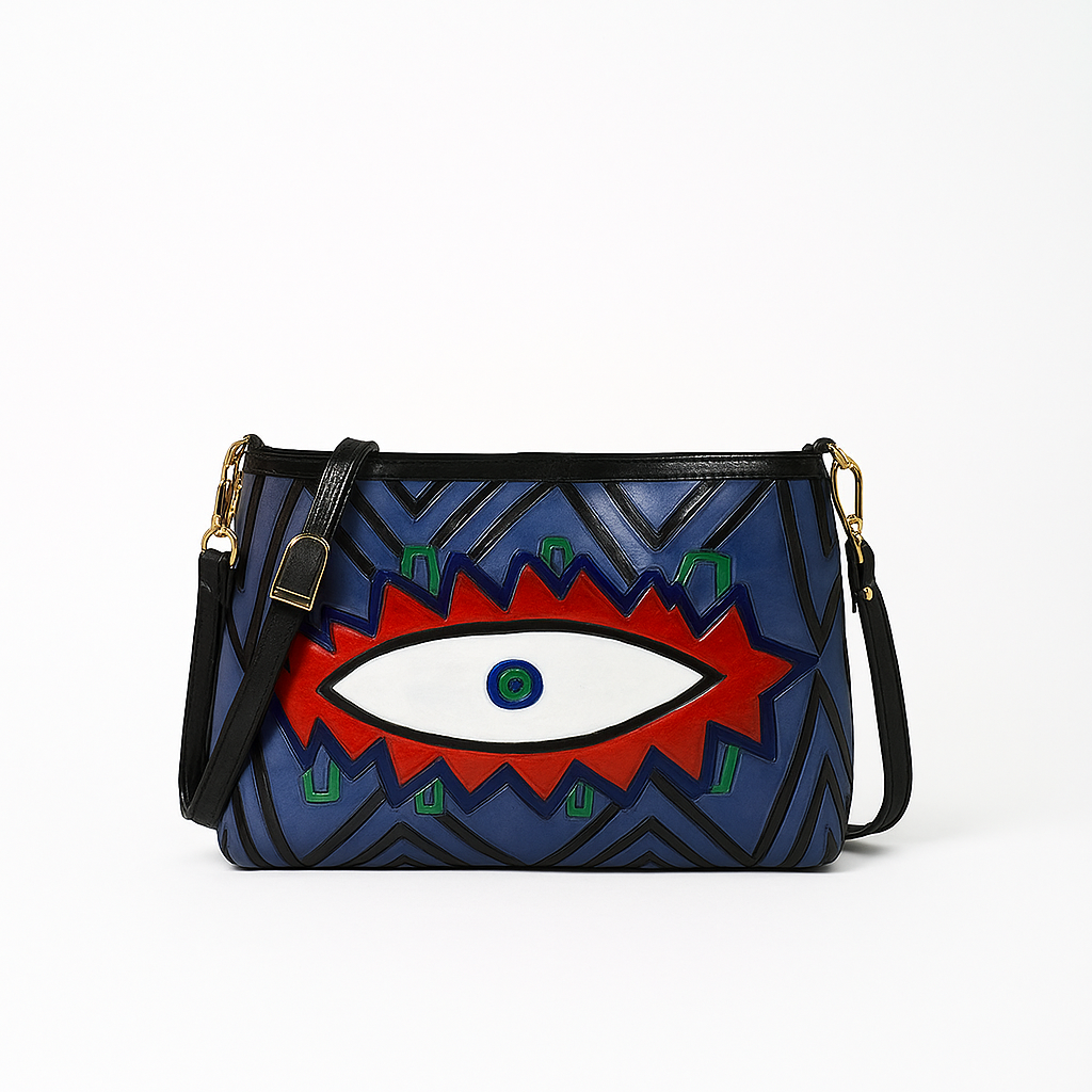 Handpainted Leather Bag Black & Blue