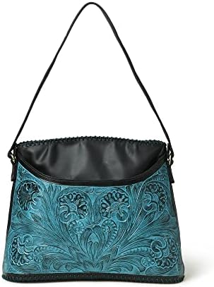 ADYAN Leather Shoulder Bag For Women Handmade Western Handbag Top Handle Floral Pattern Concealed Carry Shoulder Hobo Purses and Handbags (Black & Turquoise)