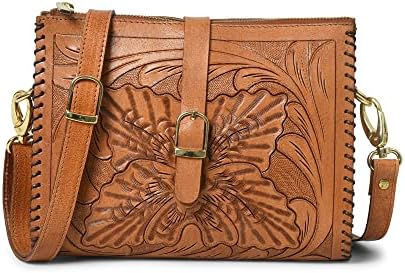 ADYAN Western Leather Crossbody Bags for Women Sling Bag Satchel Bag Hand-tooled Floral Carving Girl Purse for stylish look