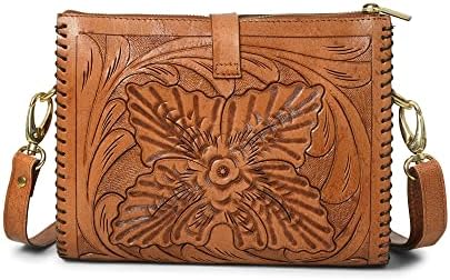 ADYAN Western Leather Crossbody Bags for Women Sling Bag Satchel Bag Hand-tooled Floral Carving Girl Purse for stylish look