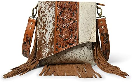 ADYAN Western Brown Hand-Tooled Genuine Leather Cross Body Bag for Women | Handcrafted Floral Tooled Purse With Suede Fringes and Adjustable and Detachable Strap