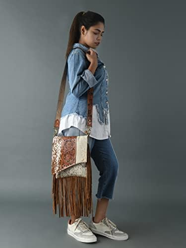 ADYAN Western Brown Hand-Tooled Genuine Leather Cross Body Bag for Women | Handcrafted Floral Tooled Purse With Suede Fringes and Adjustable and Detachable Strap