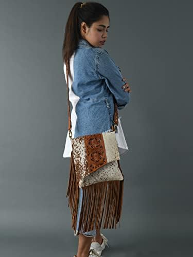 ADYAN Western Brown Hand-Tooled Genuine Leather Cross Body Bag for Women | Handcrafted Floral Tooled Purse With Suede Fringes and Adjustable and Detachable Strap