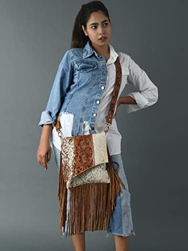 ADYAN Western Brown Hand-Tooled Genuine Leather Cross Body Bag for Women | Handcrafted Floral Tooled Purse With Suede Fringes and Adjustable and Detachable Strap