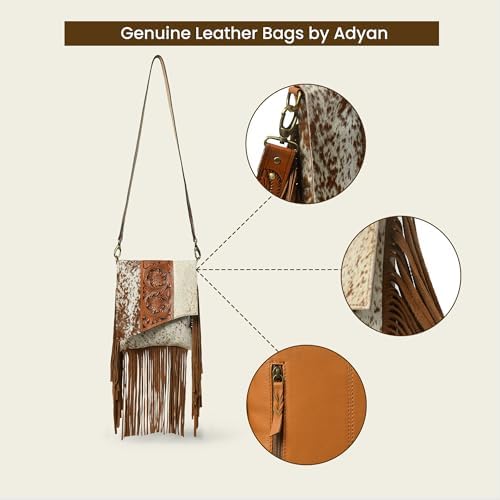 ADYAN Western Brown Hand-Tooled Genuine Leather Cross Body Bag for Women | Handcrafted Floral Tooled Purse With Suede Fringes and Adjustable and Detachable Strap