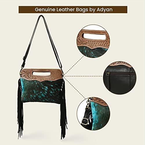 Genuine Leather Fringe Crossbody Bag - Handcrafted Western Tooled Leather Purse with Handle and Turquoise Design for Women