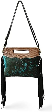 Genuine Leather Fringe Crossbody Bag - Handcrafted Western Tooled Leather Purse with Handle and Turquoise Design for Women
