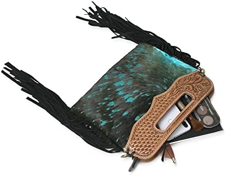 Genuine Leather Fringe Crossbody Bag - Handcrafted Western Tooled Leather Purse with Handle and Turquoise Design for Women