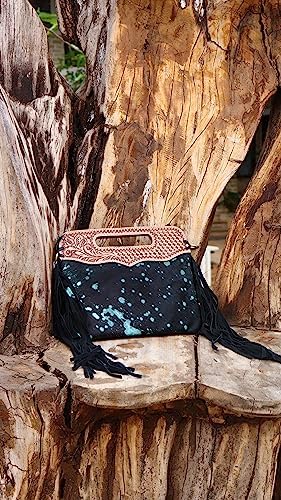 Genuine Leather Fringe Crossbody Bag - Handcrafted Western Tooled Leather Purse with Handle and Turquoise Design for Women