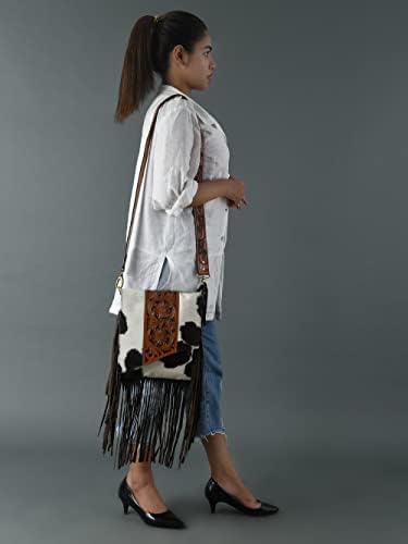 ADYAN Women's Western Handcrafted Hair On Genuine Leather Cross Body Sling Bag Purses for Women | Floral Hand Tooled With Suede Fringes and Adjustable and Detachable Leather Shoulder Strap
