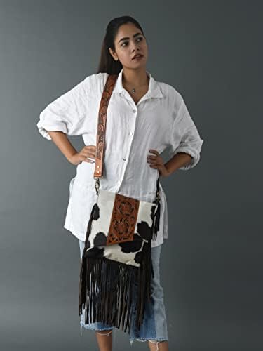 ADYAN Women's Western Handcrafted Hair On Genuine Leather Cross Body Sling Bag Purses for Women | Floral Hand Tooled With Suede Fringes and Adjustable and Detachable Leather Shoulder Strap