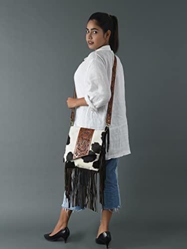 ADYAN Women's Western Handcrafted Hair On Genuine Leather Cross Body Sling Bag Purses for Women | Floral Hand Tooled With Suede Fringes and Adjustable and Detachable Leather Shoulder Strap