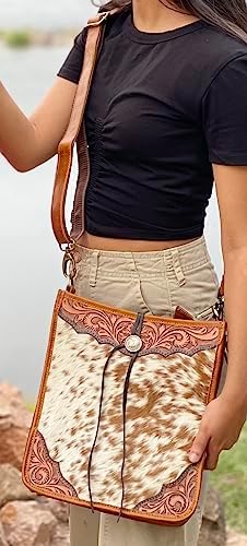 ADYAN Western leather Hair On Crossbody Bag for Women, Handcrafted and Handtooled Borders with Adjustable and Detachable Strap Shoulder Strap