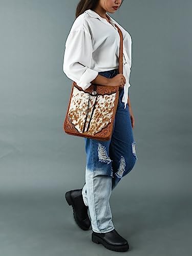 ADYAN Western leather Hair On Crossbody Bag for Women, Handcrafted and Handtooled Borders with Adjustable and Detachable Strap Shoulder Strap