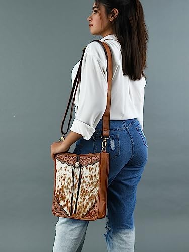 ADYAN Western leather Hair On Crossbody Bag for Women, Handcrafted and Handtooled Borders with Adjustable and Detachable Strap Shoulder Strap
