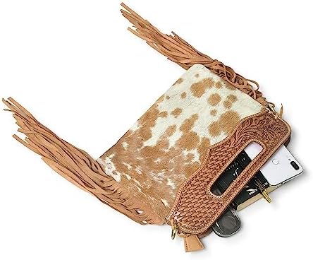 Western Suede Fringe Hair-On Crossbody Bag Women Natural Leather Hand Bag With Adjustable Strap | Leather Handbag | Purse | Side Sling Bag