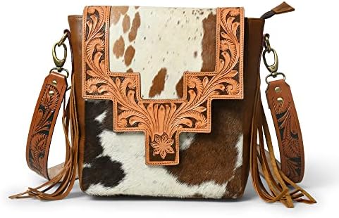 ADYAN Western Genuine Leather Floral Tooled Fringe Womens Crossbody Bag - Leather Cross Body Western Bag with Leather Strap for Women