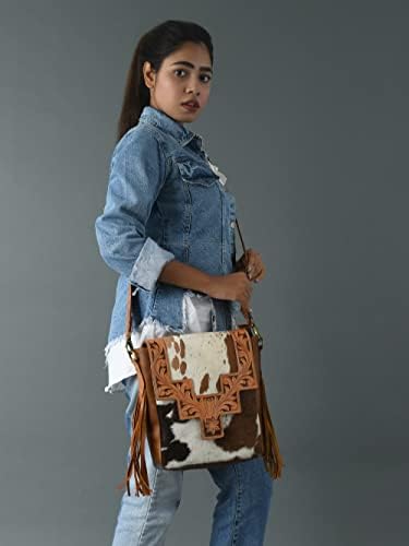 ADYAN Western Genuine Leather Floral Tooled Fringe Womens Crossbody Bag - Leather Cross Body Western Bag with Leather Strap for Women