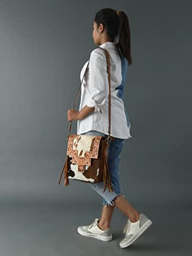 ADYAN Western Genuine Leather Floral Tooled Fringe Womens Crossbody Bag - Leather Cross Body Western Bag with Leather Strap for Women