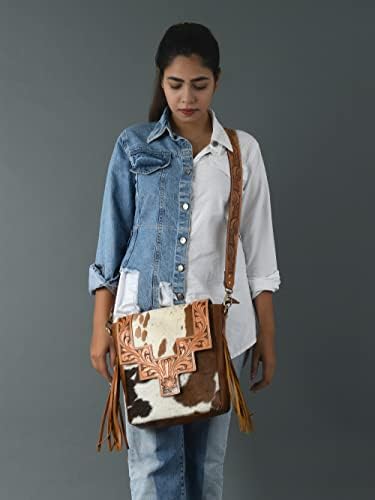 ADYAN Western Genuine Leather Floral Tooled Fringe Womens Crossbody Bag - Leather Cross Body Western Bag with Leather Strap for Women