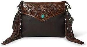 ADYAN Western Handcrafted Genuine Leather Fringe Purse Western Crossbody Bag for Women - Floral Pattern Leather Cross Body Western Bag for Women
