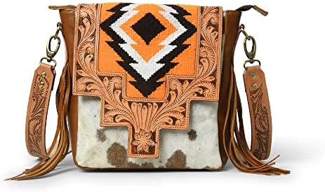 ADYAN Western Leather Crossbody Bag for Women Hand Tooled Cowhide Leather Sling Bag For Girls Handcrafted Floral Design Adjustable & Detachable Shoulder Strap Pefect for Travel College Office & Gift