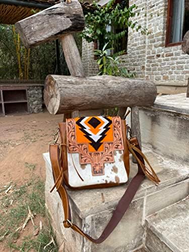 ADYAN Western Leather Crossbody Bag for Women Hand Tooled Cowhide Leather Sling Bag For Girls Handcrafted Floral Design Adjustable & Detachable Shoulder Strap Pefect for Travel College Office & Gift