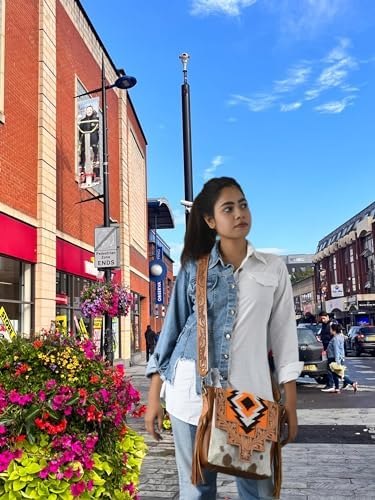 ADYAN Western Leather Crossbody Bag for Women Hand Tooled Cowhide Leather Sling Bag For Girls Handcrafted Floral Design Adjustable & Detachable Shoulder Strap Pefect for Travel College Office & Gift