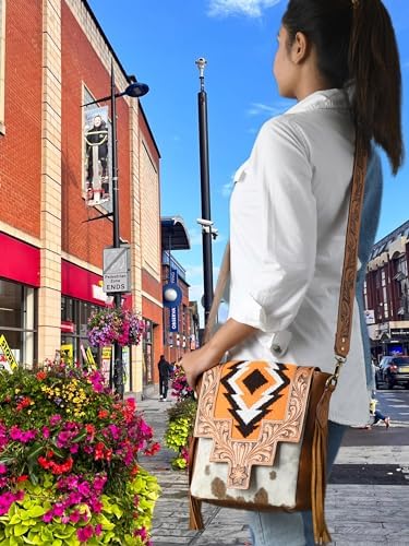 ADYAN Western Leather Crossbody Bag for Women Hand Tooled Cowhide Leather Sling Bag For Girls Handcrafted Floral Design Adjustable & Detachable Shoulder Strap Pefect for Travel College Office & Gift