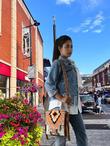 ADYAN Western Leather Crossbody Bag for Women Hand Tooled Cowhide Leather Sling Bag For Girls Handcrafted Floral Design Adjustable & Detachable Shoulder Strap Pefect for Travel College Office & Gift