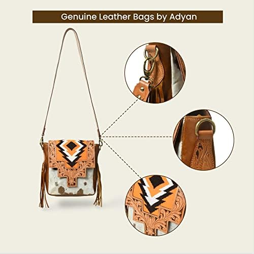 ADYAN Western Leather Crossbody Bag for Women Hand Tooled Cowhide Leather Sling Bag For Girls Handcrafted Floral Design Adjustable & Detachable Shoulder Strap Pefect for Travel College Office & Gift