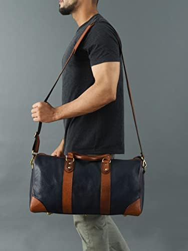 Adyan Leather Duffle Weekender Bag 18" for Men Women Handmade Soft Leather Overnight Weekend Travel Duffle Bags for Gym Sports (18 Inch, Navy Blue)