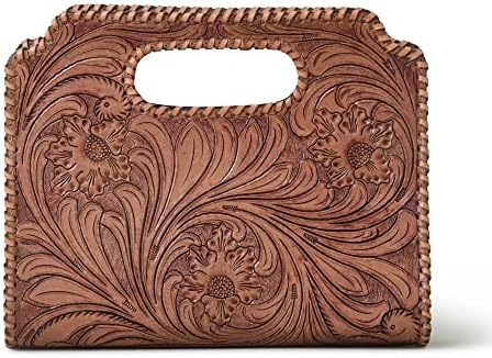 Western Handcrafted Leather Clutch Purse - Vintage Floral Design, Handmade Embossed Handbag for Women