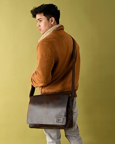 ADYAN Vintage Full Grain leather crossbody bags for men - 14 Inch laptop Crossbody bag with Adjustable Shoulder Strap
