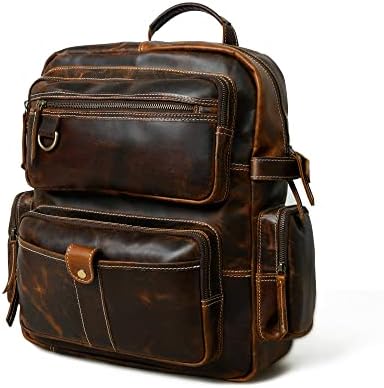ADYAN Vintage Full Grain Leather 14-Inch Laptop Backpack for Men with Adjustable Shoulder Strap Metal Zip Closure Work Bag (Brown)