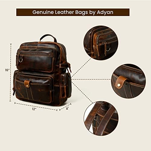 ADYAN Vintage Full Grain Leather 14-Inch Laptop Backpack for Men with Adjustable Shoulder Strap Metal Zip Closure Work Bag (Brown)