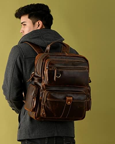 ADYAN Vintage Full Grain Leather 14-Inch Laptop Backpack for Men with Adjustable Shoulder Strap Metal Zip Closure Work Bag (Brown)