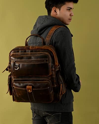 ADYAN Vintage Full Grain Leather 14-Inch Laptop Backpack for Men with Adjustable Shoulder Strap Metal Zip Closure Work Bag (Brown)