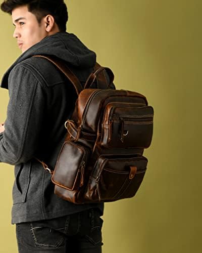 ADYAN Vintage Full Grain Leather 14-Inch Laptop Backpack for Men with Adjustable Shoulder Strap Metal Zip Closure Work Bag (Brown)