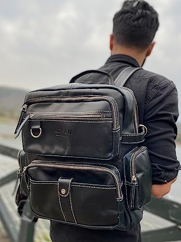 ADYAN Vintage Full Grain Leather 14-Inch Laptop Backpack for Men with Adjustable Shoulder Strap Metal Zip Closure Work Bag (Black)