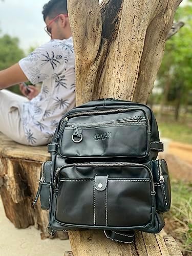 ADYAN Vintage Full Grain Leather 14-Inch Laptop Backpack for Men with Adjustable Shoulder Strap Metal Zip Closure Work Bag (Black)