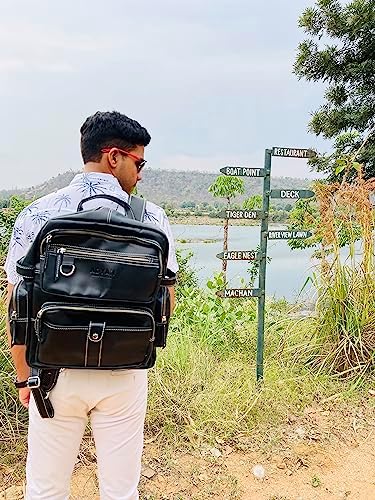 ADYAN Vintage Full Grain Leather 14-Inch Laptop Backpack for Men with Adjustable Shoulder Strap Metal Zip Closure Work Bag (Black)